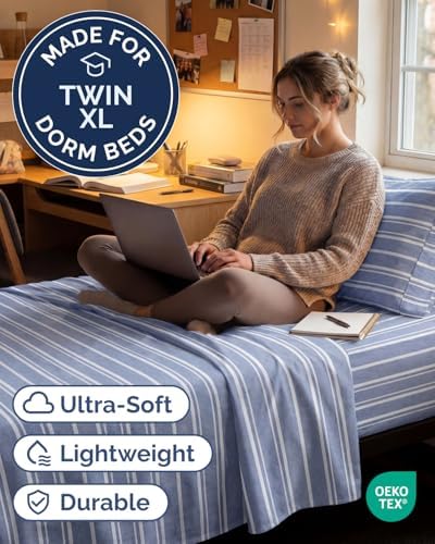 Twin XL 3 Piece Sheet Set - College Dorm Room Essentials - Blue Stripes - Image 2
