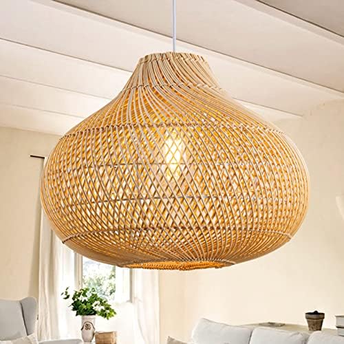 Rattan Pendant Light, 16.5" Hand-Woven Wicker Chandelier Boho Hanging Light Fixture, Farmhouse Natural Raindrop Basket Ceiling Light for Dining Room Kitchen Island Bedroom Living Room, E26 by Karjearl