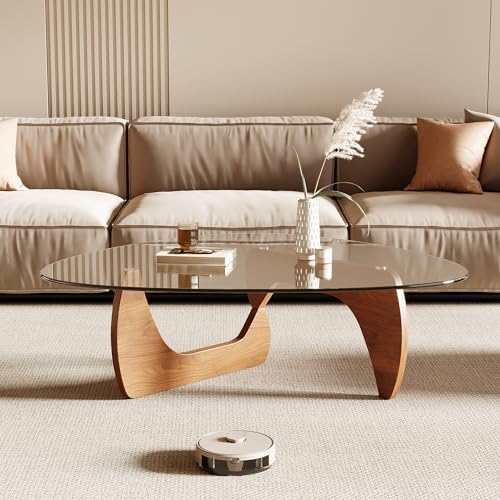 Honyee Morden Coffee Table, 42.5" x 28.5" x 16.1" Triangle Tempered Glass Top for Living Room, Color: Natural Wood - Image 3