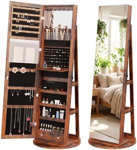 OLIXIS 360° Swivel Jewelry Cabinet with Light, Lockable Full Length Mirror by OLIXIS