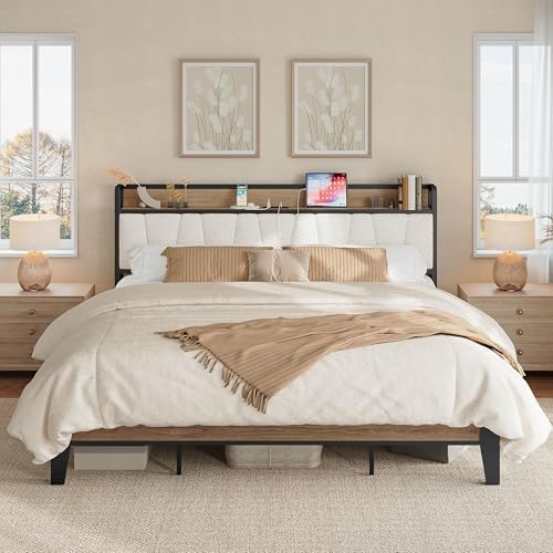LIKIMIO King Size Bed Frame with Storage Headboard and Charging Station by LIKIMIO