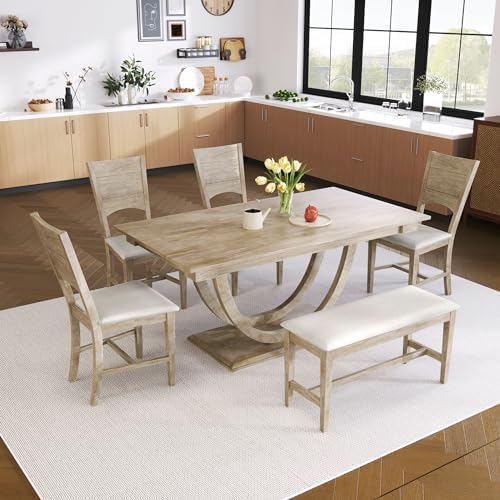 LUMISOL 6-Piece Dining Table Set for 6, Farmhouse Kitchen Dining Room Table Set with Recantgle Table and Upholstered Bench and Chairs, Light Natural by LUMISOL