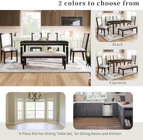 VilroCaz Modern Elegant Wood Kitchen Dining Table Set, 60'' Rectangular Table and 4 High-Back Tufted Chairs & 1 Bench, Home Breakfast Kitchen Dining Room Table Set for 6 (Black-10.6) - Image 7