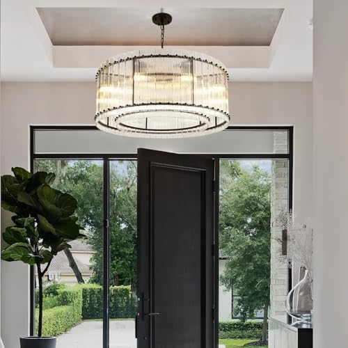 37" Modern Black Round Chandeliers,2-Tier 8-Light Water Ripple Crystal Glass Chandelier,for Dining Room,Living Room,Bedroom,High Ceiling,Foyer Entryway,Luxury Adjustable Hanging Chandelier - Image 3