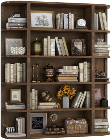 TVU 5-Tier Wood Book Shelf, 47" Wide Large Bookshelf and Bookcase, 62" Tall Bookshelf with Curved Side Shelves, Freestanding Wood Display Book Shelves for Living Room, Home Office, Walnut by TVU