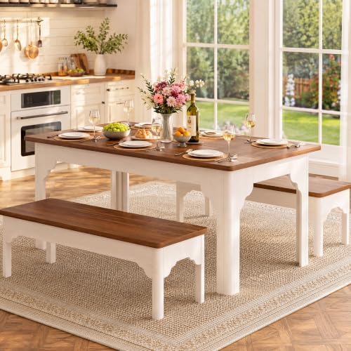 ALEXNUTRE Farmhouse Dining Table with Benches 63" Kitchen Table Set for 4-6 by ALEXNUTRE