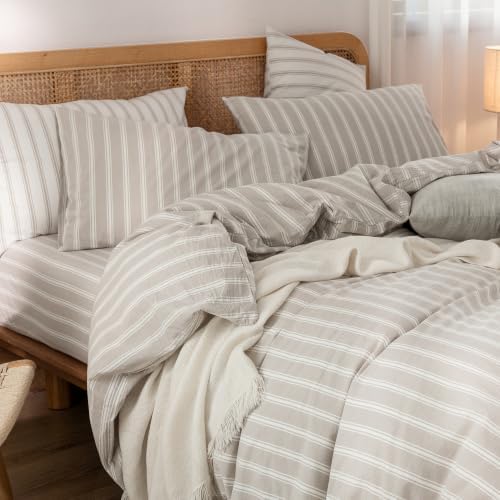 BESTOUCH Striped Cotton Duvet Cover Set Linen Feel California King - Image 2
