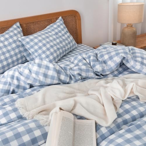 BESTOUCH Gingham Cotton Duvet Cover Set Cornflower Blue California King - Image 2