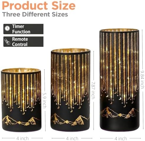 Starry Night Elegant Hurricane Candleholders with LED Flickering Lights & Remote Timer, Decorative Glass Hurricanes for Indoor Table Centerpieces & Year-Round Home Decor, Set of 3 (Black) - Image 3