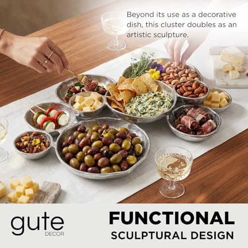 Cluster of 10 Round Serving Bowls Silver Clusters Decorative Elegant Snack Tray for Olives, Chip & Dip, Nuts, Appetizers & Entertaining Strong Brass & Enamel Home Decor Gifts, Parties & Weddings 20.5" - Image 3