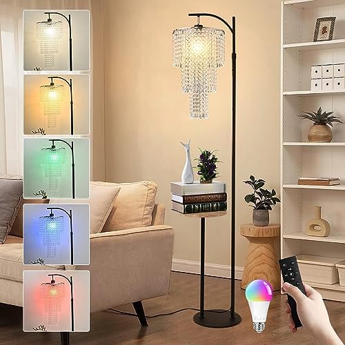 Arc Floor Lamp with Table and Shelves,Crystal Floor Lamps for Living Room,Dimmable Elegant Modern LED Floor Standing Lamp with Remote Control & 10 Colors,Black Adjustable Tall Lamp For Bedroom Corner by ZECOXOL