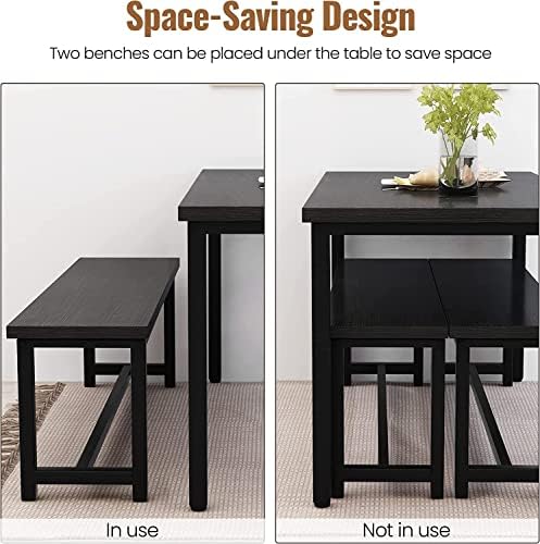 Dining Room Table Set with 2 Benches, Farmhouse Dining Table Set for 4-6, Wood Breakfast Table Set Dinner Table Set Kitchen Table and Chairs for Breakfast Nook Small Spaces, Black - Image 6