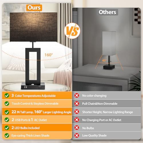 3 Color Temperatures Black Table Lamps for Bedrooms Set of 2, 22’’ Touch Control Bedside Nightstand Lamps with 2 USB Ports & AC Outlet, Modern Lamp Sets for Living Room, Stepless Dimming, Black Shade - Image 4
