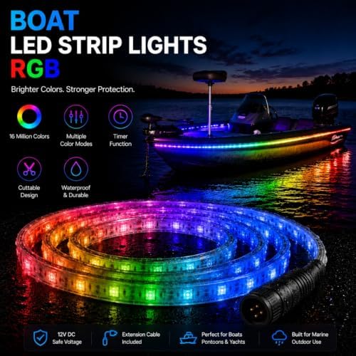 100FT LED Boat Lights, 12V RGB Marine Pontoon Led Strip Lights with APP & Remote, IP67 Waterproof Boat Interior Exterior Light with Extension Cable for Pontoon, Night Fishing, Gunnel, Deck, RV - Image 2