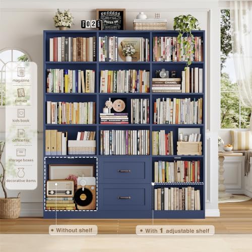 HOSTACK 71" Tall Triple Wide Bookshelf with Storage Drawers & Doors, Blue - Image 4