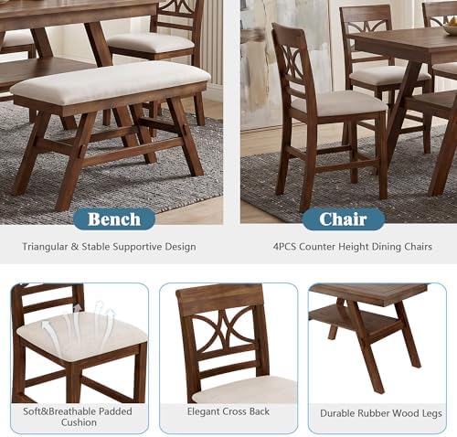 Heavy Solid Wood 6-Piece Counter Height Dining Table Set, Farmhouse Rustic Kitchen Dining Room Table Set with Padded 4 Chairs and Bench, 60 In Triangular Table with Storage Shelf (Walnut-T) - Image 5