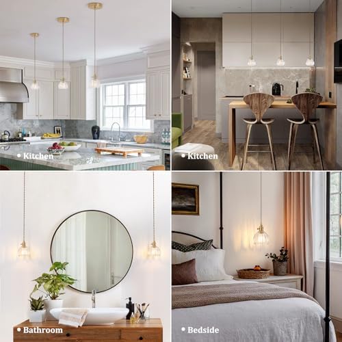 Shenmoyl Pendant Light with Clear Tulip Glass Lmapshade, Brass Vintage Pendant Light Adjustable Hanging Light for Kitchen Island Dining Room Hallway - Image 2