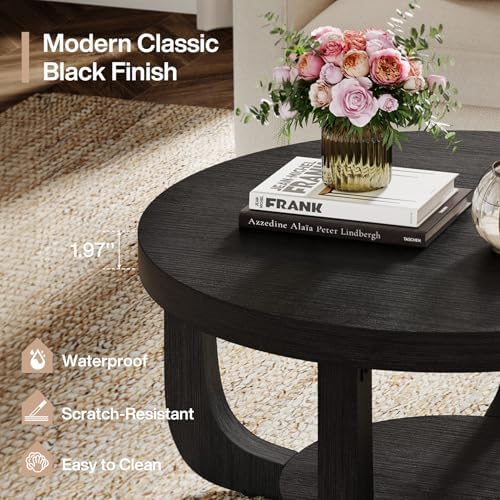 Tribesigns Round Coffee Table, 2-Tier Circle Coffee Table with Storage, Modern Wooden Accent Center Table for Living Room, Thick Tabletop & Base, Black - Image 6