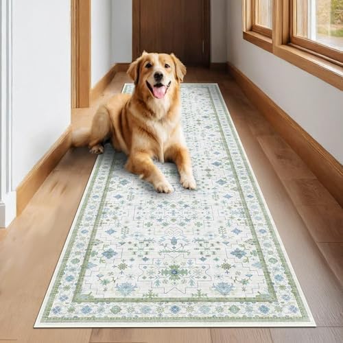 Hazo Haus Turkish 3x8 Wide Hallway Runner - Cream Green Oushak Boho Floral, Washable Low Pile Non Slip Stain Resistant Rug for Kitchen, Bathroom, Hall Way by HazoHaus