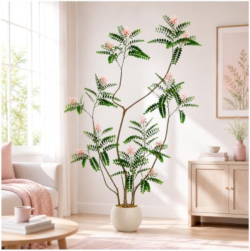 Artificial Locust Tree：6FT Faux Black Locust Floor Plant with Pink Flowers Small Round Silk Leaves & Elegant Branches in Beige Ribbed Planter for Indoor Home Office Decor Hotel Patio Studio by TNGGNT