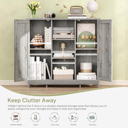Iwell Storage Cabinet with 2 Doors and 4 Adjustable Shelves, Buffet Cabinet with Storage, Floor Cabinet for Living Room, Entryway, Kitchen, Rustic Gray - Image 4