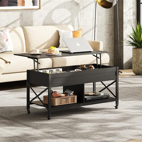 WLIVE Coffee Table Black, 41.3" Lift Top Coffee Table with 4 Wheels - Image 2