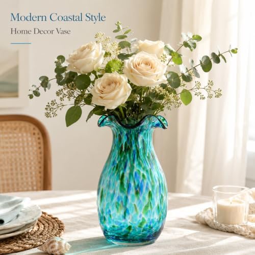 10.6in Hand Blown Blue Glass Vase – Wide Mouth Murano Bubble Art Glass Vase, Cobalt Blue Flower Vase for Coastal, Vintage, Colorful Home Decor, Vase Gift for Mom or Display (Green) - Image 6