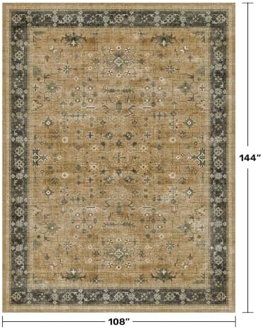 Washable 9x12 Living Room Rug - Vintage Extra Large Area Rugs for Dining Room Under Table, Rustic Brown and Charcoal Olive Low Pile Carpet for Bedroom Under the Bed, Non-Slip Stain & Fade Resistant - Image 2