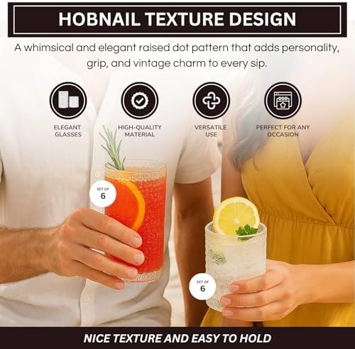 Khen Vintage Hobnail Drinking Glasses Set of 12, 13oz Highball Glasses & 10 oz Lowball Tumblers, Kitchen Water Glasses Cup, Bar Water, Juice, Cocktails Beer, Milk Indoor/Outdoor Bar & Party Drinkware - Image 4