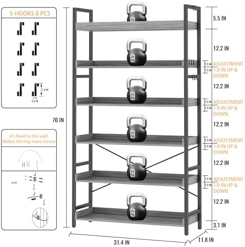 HCHQHS Bookshelf, Adjustable Industrial Bookcase, Vertical Tall Book Shelf, Wood and Black Metal Open Bookshelves for Home Office, Living Room, Bedroom (Grey, 6-Tier (31" W x 70" H)) - Image 3