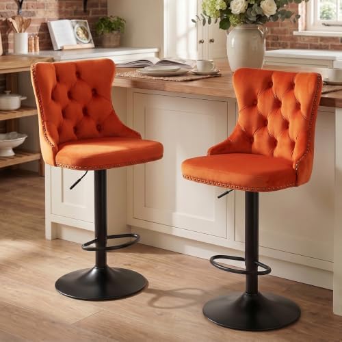 SoarFlash Velvet Bar Stool Set of 2, Adjustable Swivel Bar Stools with Black Metal Leg, Button Tufted, Footrest, Chrome Nailhead, Counter Height Chair for Kitchen, Bar, Dining Room (Orange) by SoarFlash