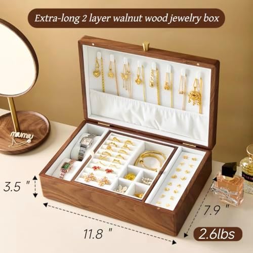 Bescott 2 Layer Solid Black Walnut Wooden Jewelry Box for Women Wood Vintage Organizer for Men Earrings Rings Necklaces Bracelet Watch Storage - Image 6