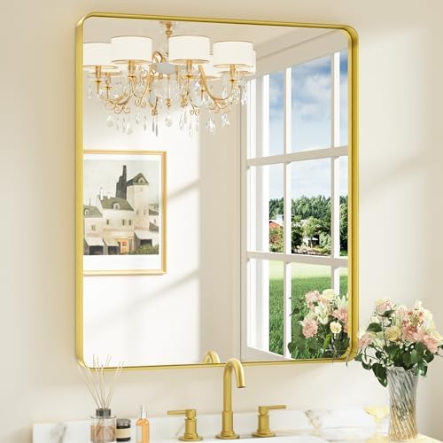 Keonjinn 30 x 36 Inch Brushed Gold Bathroom Vanity Mirror, Aluminum Frame by Keonjinn