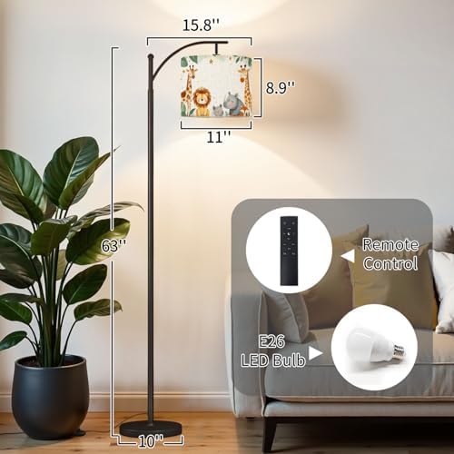Arc Floor Lamp Animals Watercolor Baby Elephant Lion Zebra Giraffe Dimmable Modern Standing Lamp with Remote Adjustable Drum Shade Footswitch Tall Pole Lamp for Living Room Bedroom - Image 2