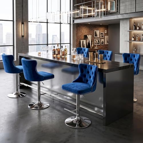 SoarFlash Velvet Bar Stool Set of 6, Adjustable Swivel Bar Stools with Silver Plated Metal Leg, Button Tufted, Footrest, Chrome Nailhead, Counter Height Chair for Kitchen, Bar, Dining Room (Blue) by SoarFlash