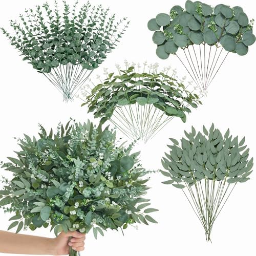 Alecono 100pcs Mixed Eucalyptus Leaves Stems Bulk, 4 Kinds Artificial Greenery Stems Faux Sliver Dollar Fake Greenery for Centerpieces Wedding DIY Bouquets Floral Arrangement Party Decor by AleconoBetterYourLife