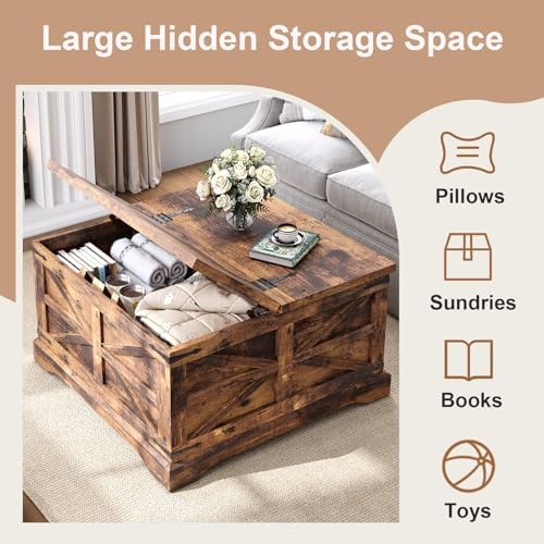 MXV Farmhouse Coffee Table with Storage, Square Coffee Tables for Living Room, Rustic Wood Center Table with Hinged Lifting Tabletop for Home, Brown - Image 3