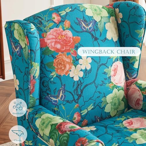 YOLENY Floral Accent Chair, High Back Upholstered Armchair with Solid Legs, Leisure Single Sofa Chair for Living Room, Bedroom, Home Office, Teal Floral - Image 4