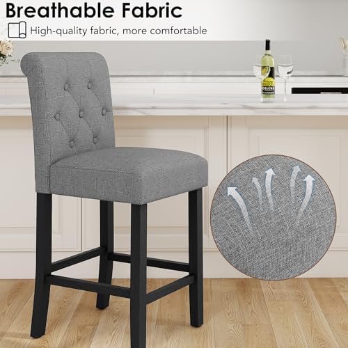 LSSBOUGHT 24 Inches Upholstered Counter Height Bar Stools, Kitchen Island Chairs,Padded Barstools with Button-Tufted Back and Solid Wood Legs Set of 4（Gray） - Image 6