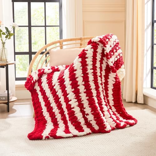 L'AGRATY Chunky Knit Throw Blanket for Couch, 40 x 50 Inches, Red White by LAGRATY