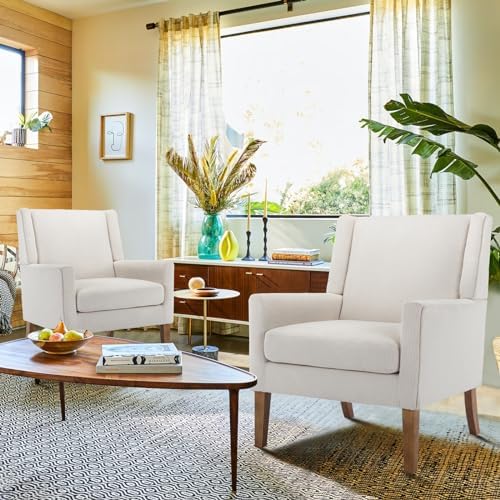 COLAMY Modern Wingback Living Room Chair, Upholstered Fabric Accent Armchair, Single Sofa Chair with Lounge Seat and Wood Legs for Office/Bedroom/Reading Spaces, Beige - Image 6