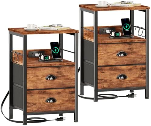 Furologee Nightstand Set of 2, Rustic Brown, with Charging Station and USB Ports, Side Tables with 2 Fabric Drawers, Bedside Tables with Storage Shelf & Hooks, for Living Room/Bedroom by Furologee