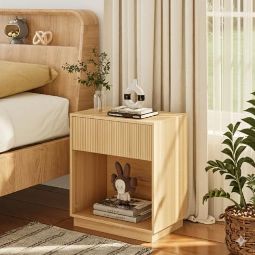 Fluted Nightstands Set of 2, Modern Bedside Table with Drawer and Storage Shelf, Wood End Table Mid Century Night Stands for Bedroom Living Room Sofa Couch Office (Oak) - Image 4