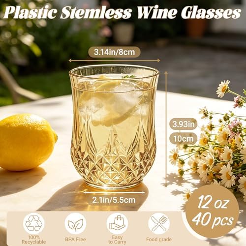 40 Pack Plastic Stemless Wine Glasses, 12oz Unbreakable Wine Cups - Image 2