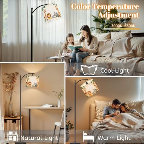Arc Floor Lamp Animals Watercolor Baby Elephant Lion Zebra Giraffe Dimmable Modern Standing Lamp with Remote Adjustable Drum Shade Footswitch Tall Pole Lamp for Living Room Bedroom - Image 5
