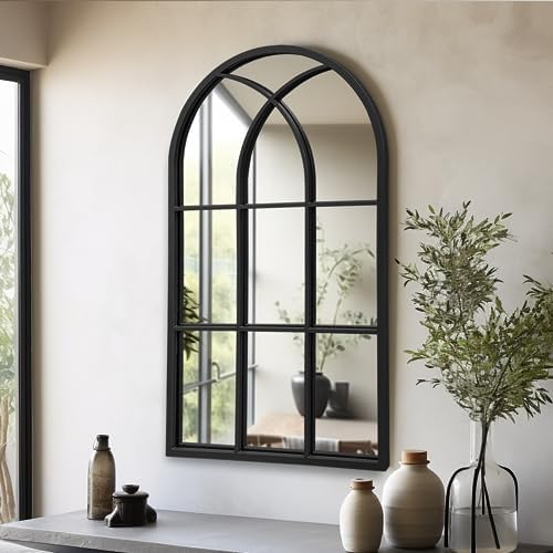 Dewfig Arched Window Wall Mirror, 42"x24" Windowpane Mirror, Black by YourSpacePerfectlyReflected