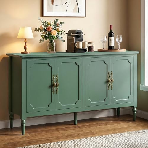 RoyalCraft Buffet Cabinet with Storage, 59" Vintage Sideboard with Adjustable Shelves, Mid Century Modern Painted Credenza Coffee Bar for Kitchen, Dining Room, Entryway, Living Room, Forest Green by Bringyoubetterlife