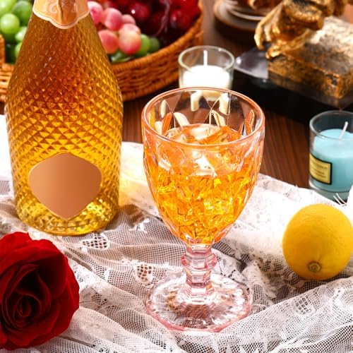 Yinder Glass Goblet Vintage Wine Goblet Embossed Glassware 10 oz Solid Color Glass Stemmed Cups for Iced Tea Beverage Soda Juice Water Liquor and Party Wedding Bars Restaurants(Pink,12 Pack) - Image 4
