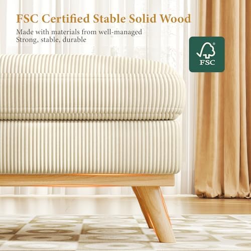 Vesgantti Large Ottoman for Modular Sofa, 29.5" Corduroy Pouf Ottoman with Spring Cushion, Rectangle Foot Rest for Couch, Entrance Footstool with Wood Legs, Footstool for Living Room, Bedroom, Beige - Image 4