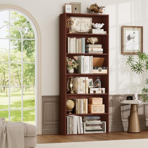 FOTOSOK 6 Tier Tall Bookshelf and Bookcase, Open Display Shelves,Cherry 2PK - Image 4